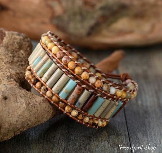 Natural Jasper Leather Wrap Sunflower Bracelet