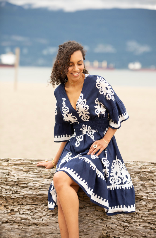 Boho Printed V Neck Dress With Pockets