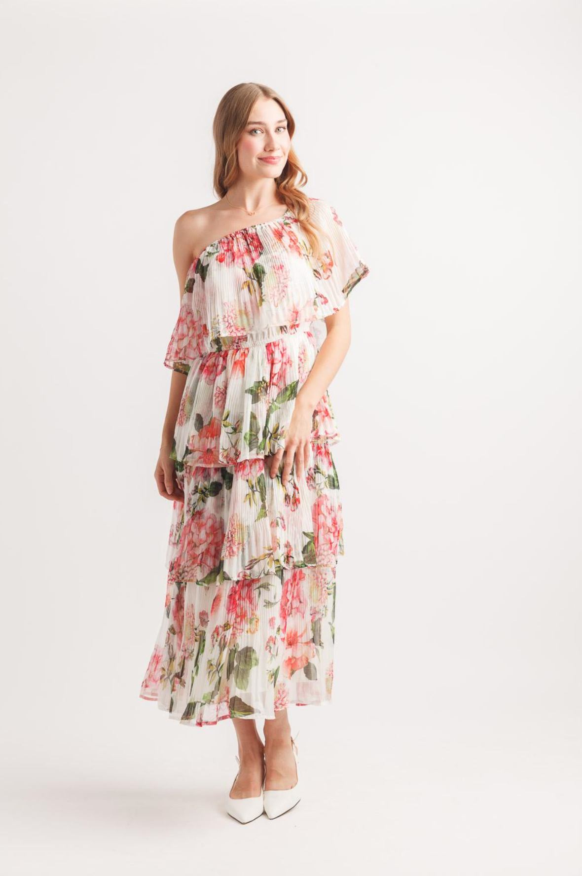 Floral Pleated Off the Shoulder Dress