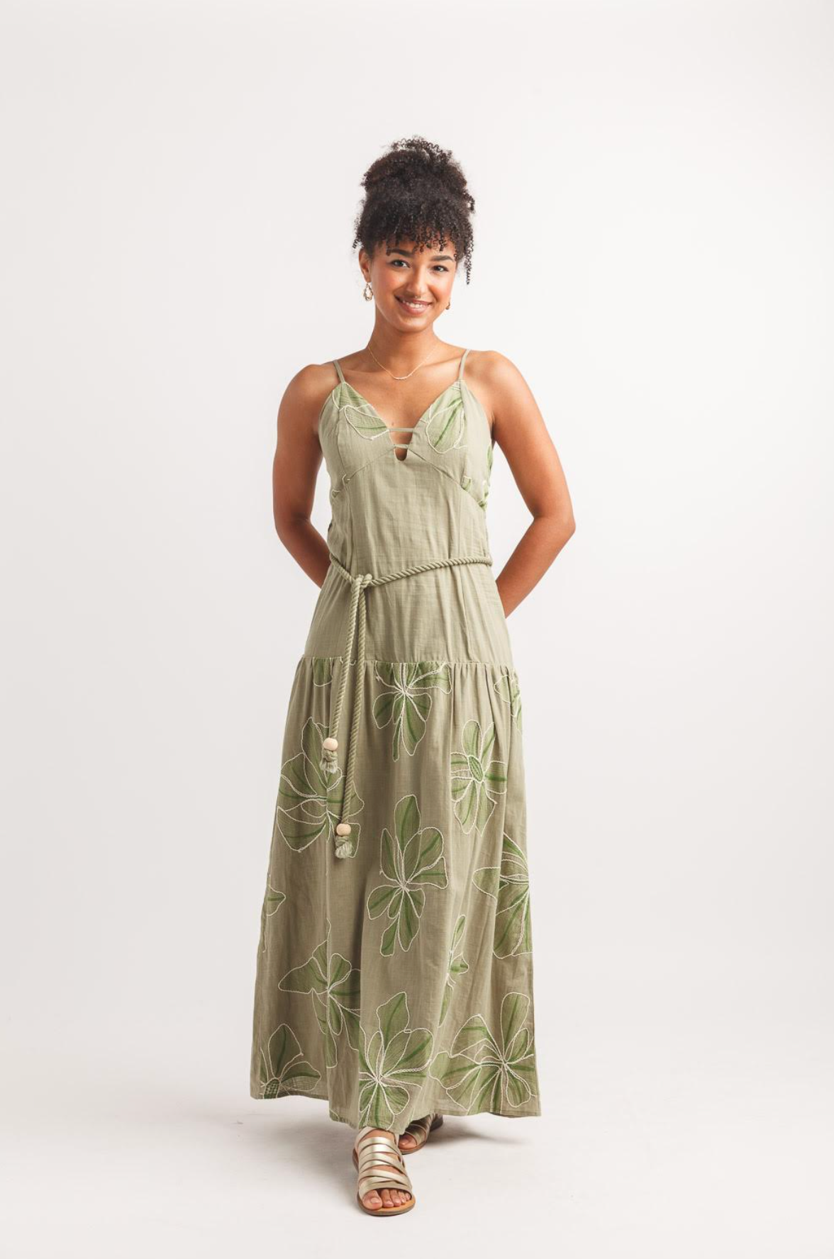 Floral Embroidered Drop Waist Maxi Dress (Khaki)