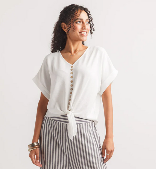 Textured Short Sleeve Button Tie Top