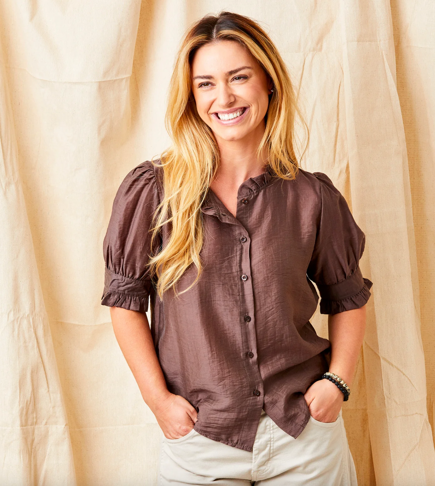 Nahara Textured Blouse With Frill Sleeve (Cocoa)