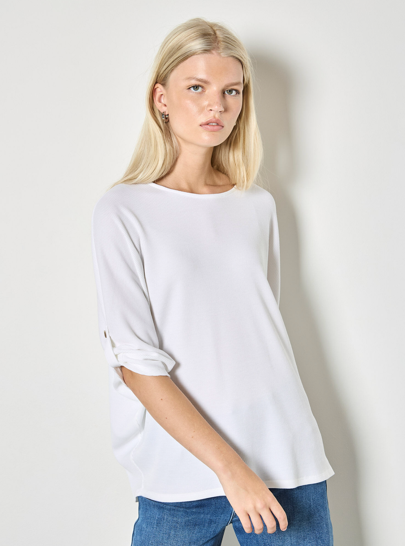 Waffle Knit Button Detail Top