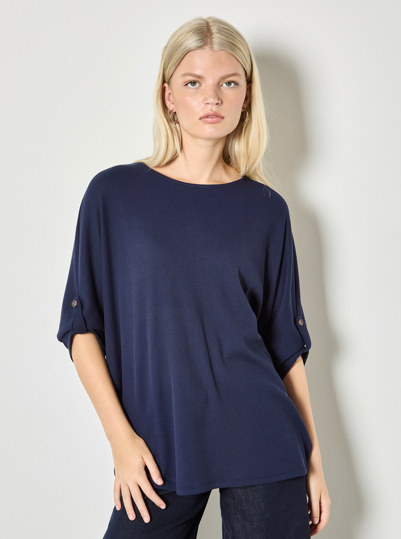 Waffle Knit Button Detail Top