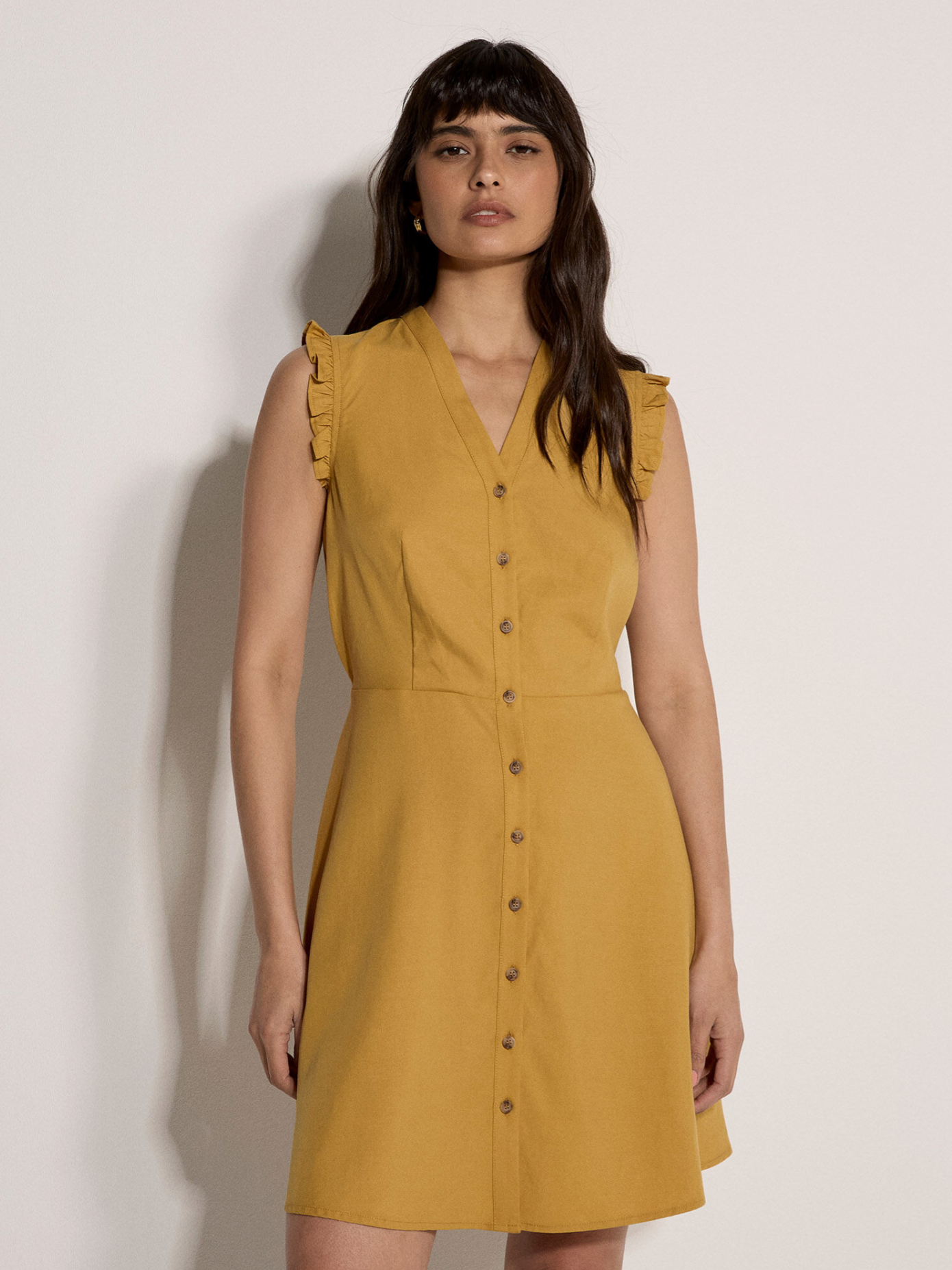 Ruffle Button-Down Mini Dress (Mustard)