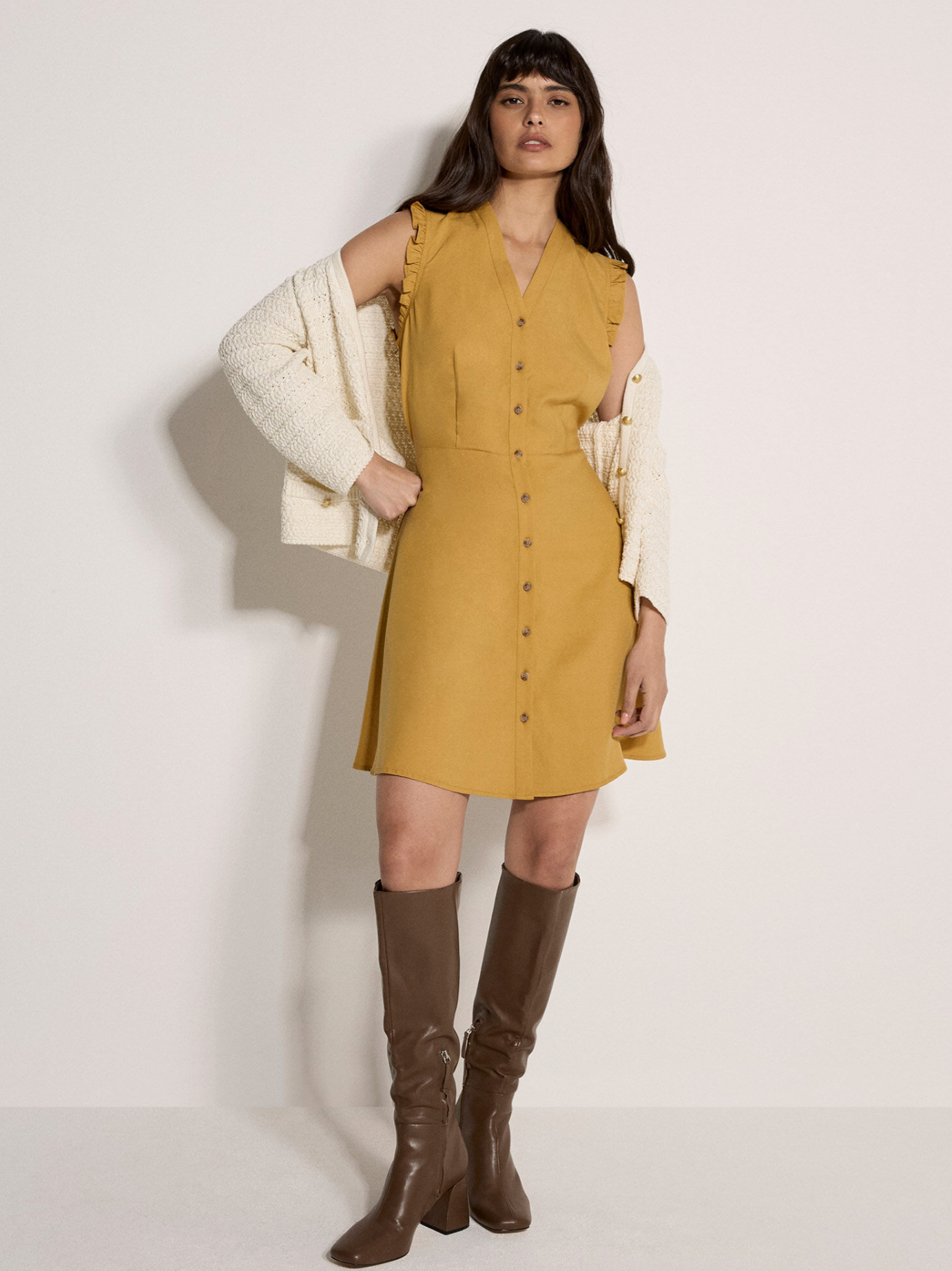 Ruffle Button-Down Mini Dress (Mustard)