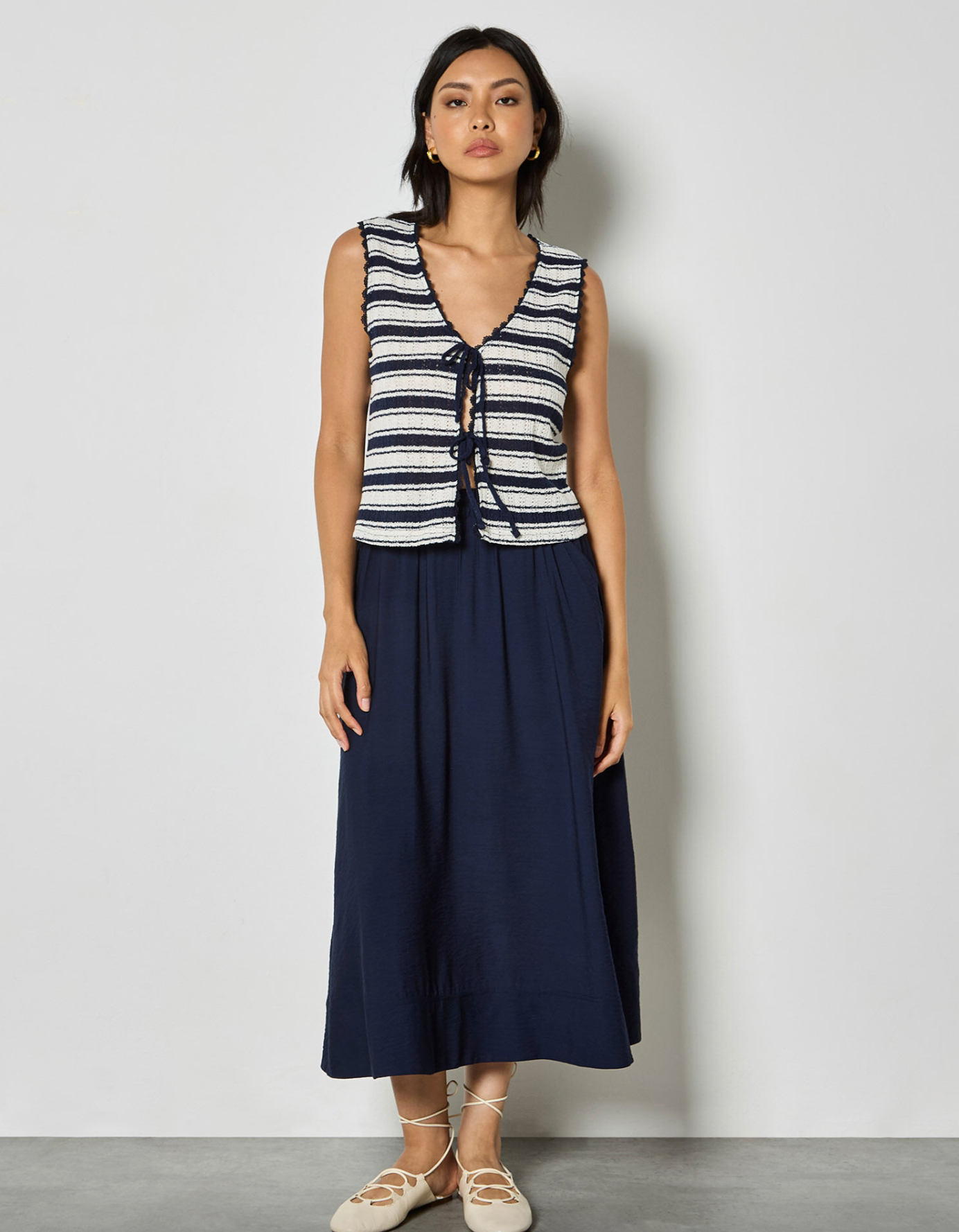 Stripe Cotton Blend Pointelle Knit Waistcoat