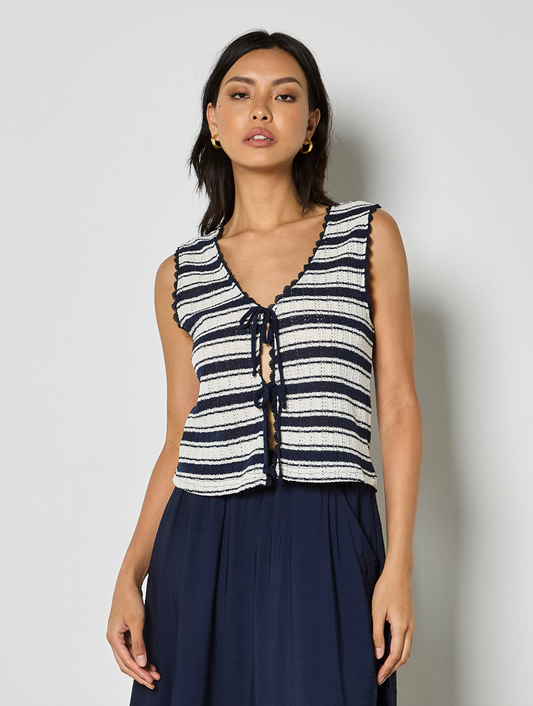 Stripe Cotton Blend Pointelle Knit Waistcoat