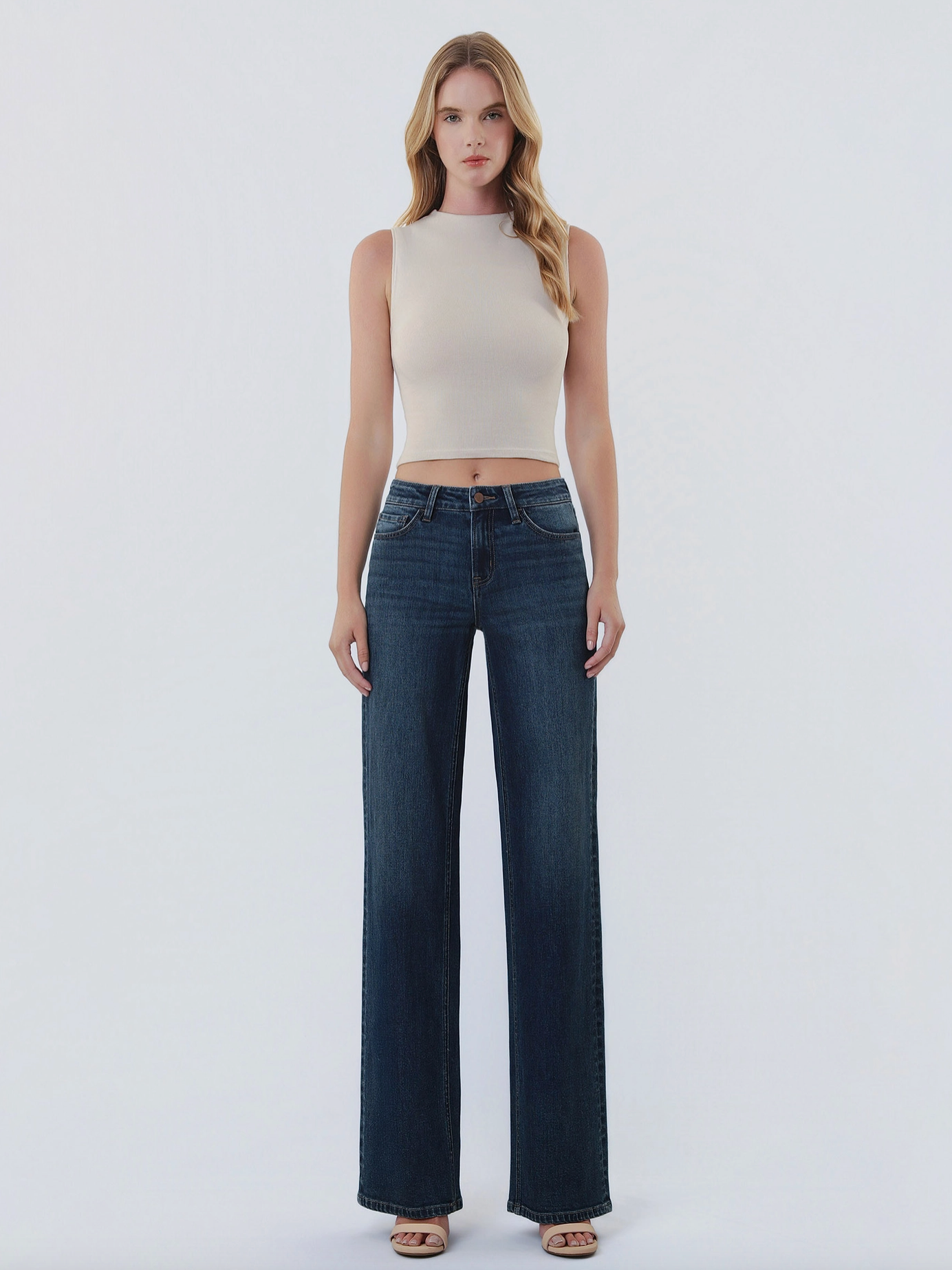 Mid Rise Full Length Dark Wash Wide Leg Jeans
