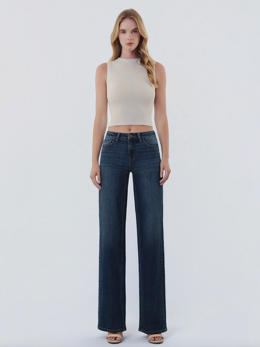 Mid Rise Full Length Dark Wash Wide Leg Jeans