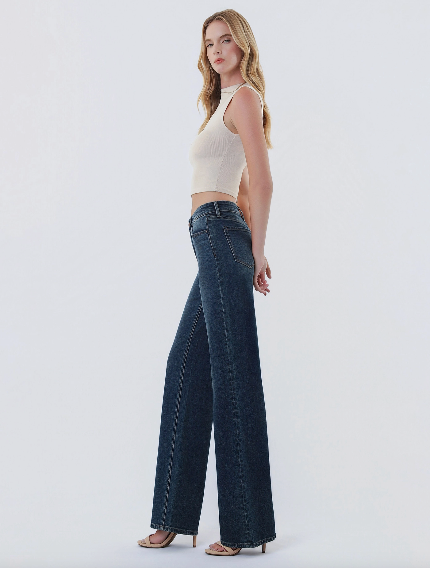 Mid Rise Full Length Dark Wash Wide Leg Jeans