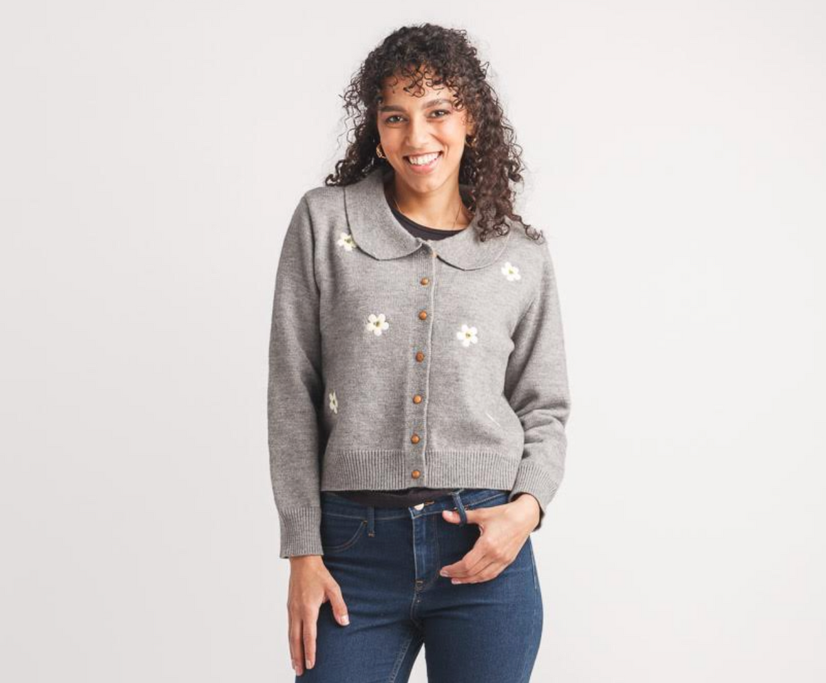 Floral Embroidered Collared Button Cardigan