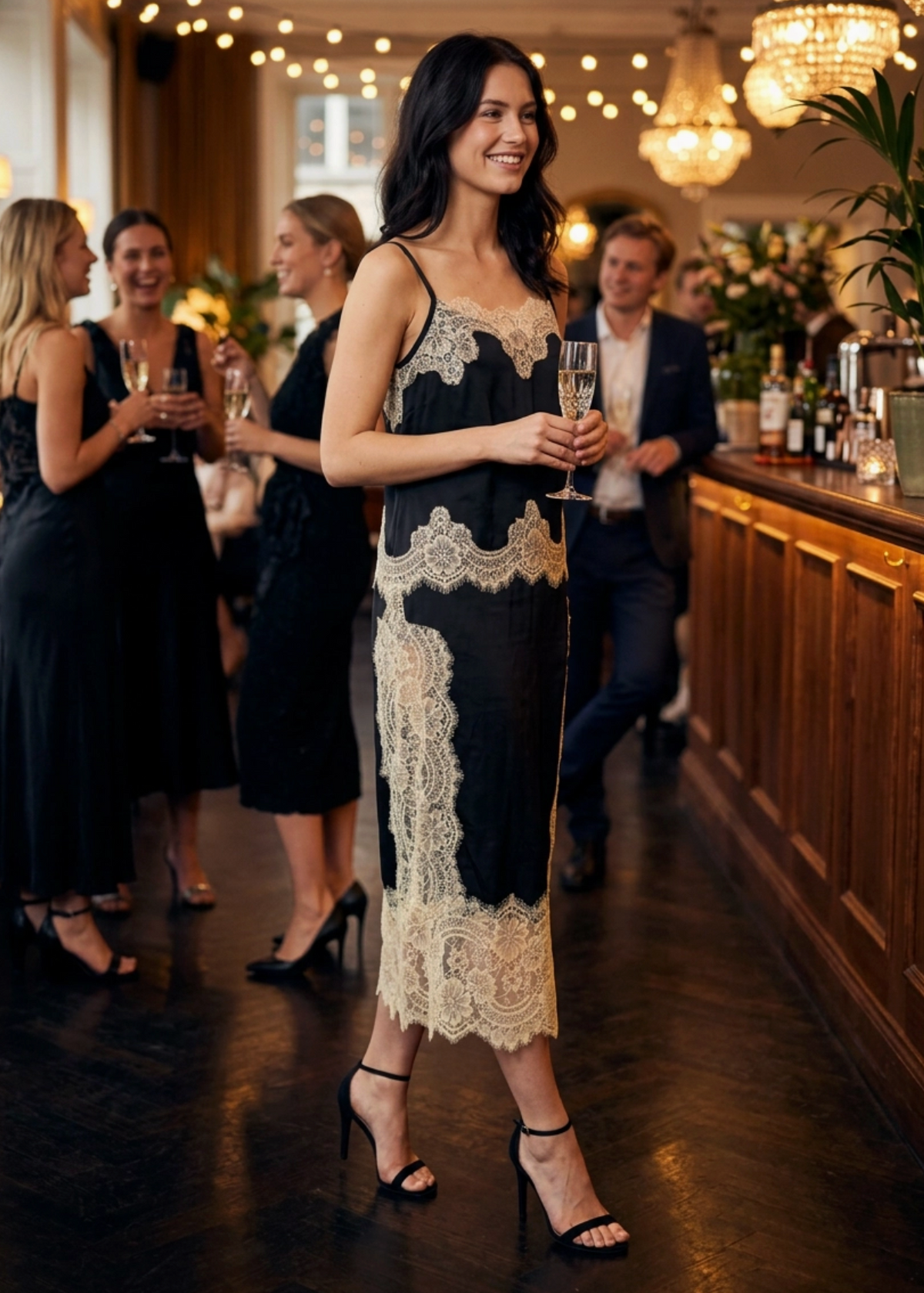 Lace Trim Slip Satin Skirt Set