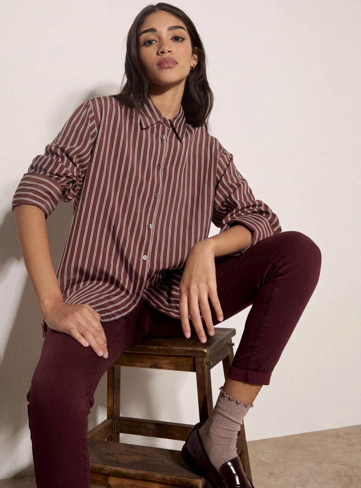 Apricot oversized Stripe Shirt (Burgundy)