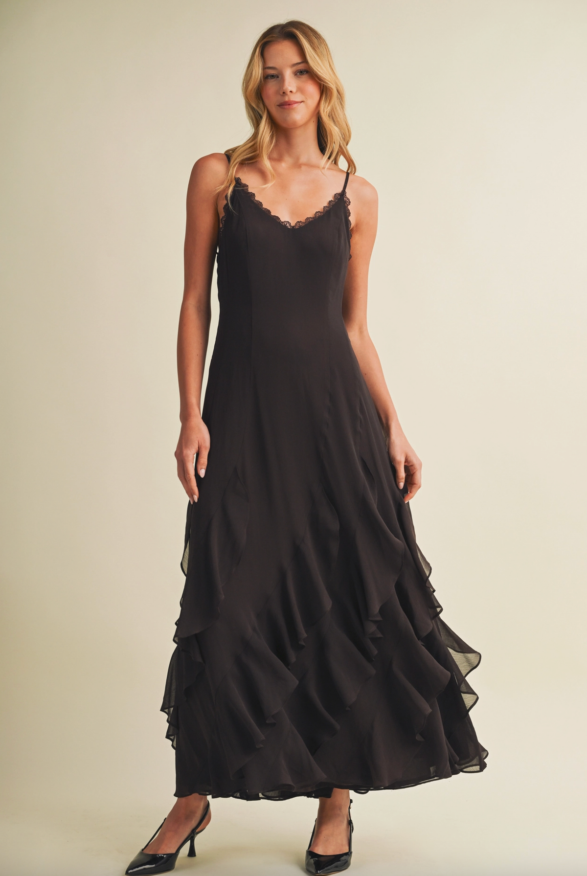 Scallop Lace Ruffle Dress (Brown)