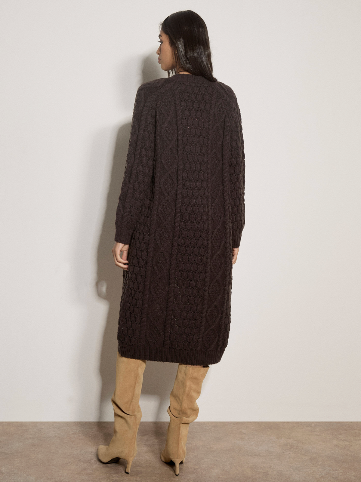 Cable Knit Open Midi Cardigan (Brown)
