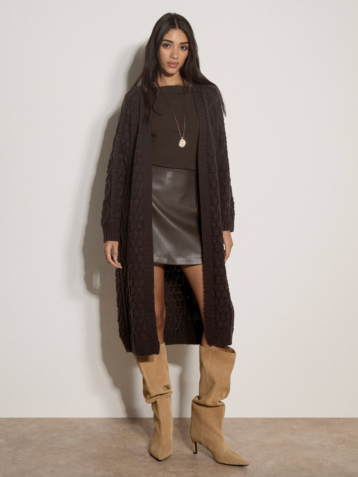 Cable Knit Open Midi Cardigan (Brown)
