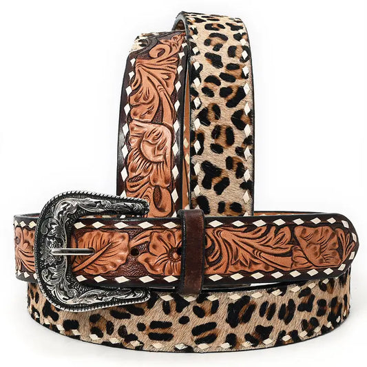 Leopard Print Hair on Tooled Leather Belt