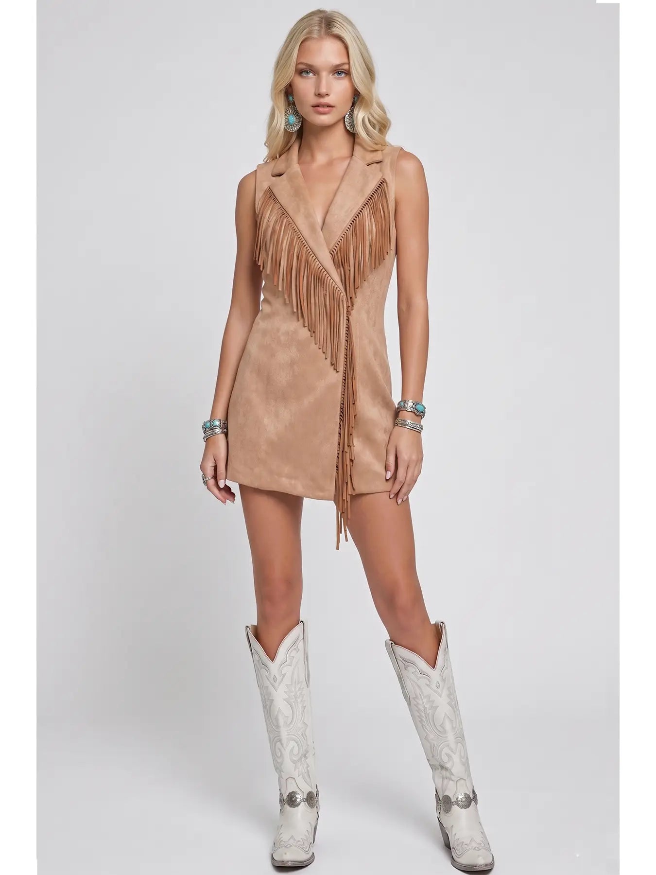 Faux Suede Fringed Longline Vest
