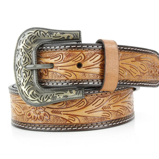 Tan Tooled Leather Floral Belt Unisex Western