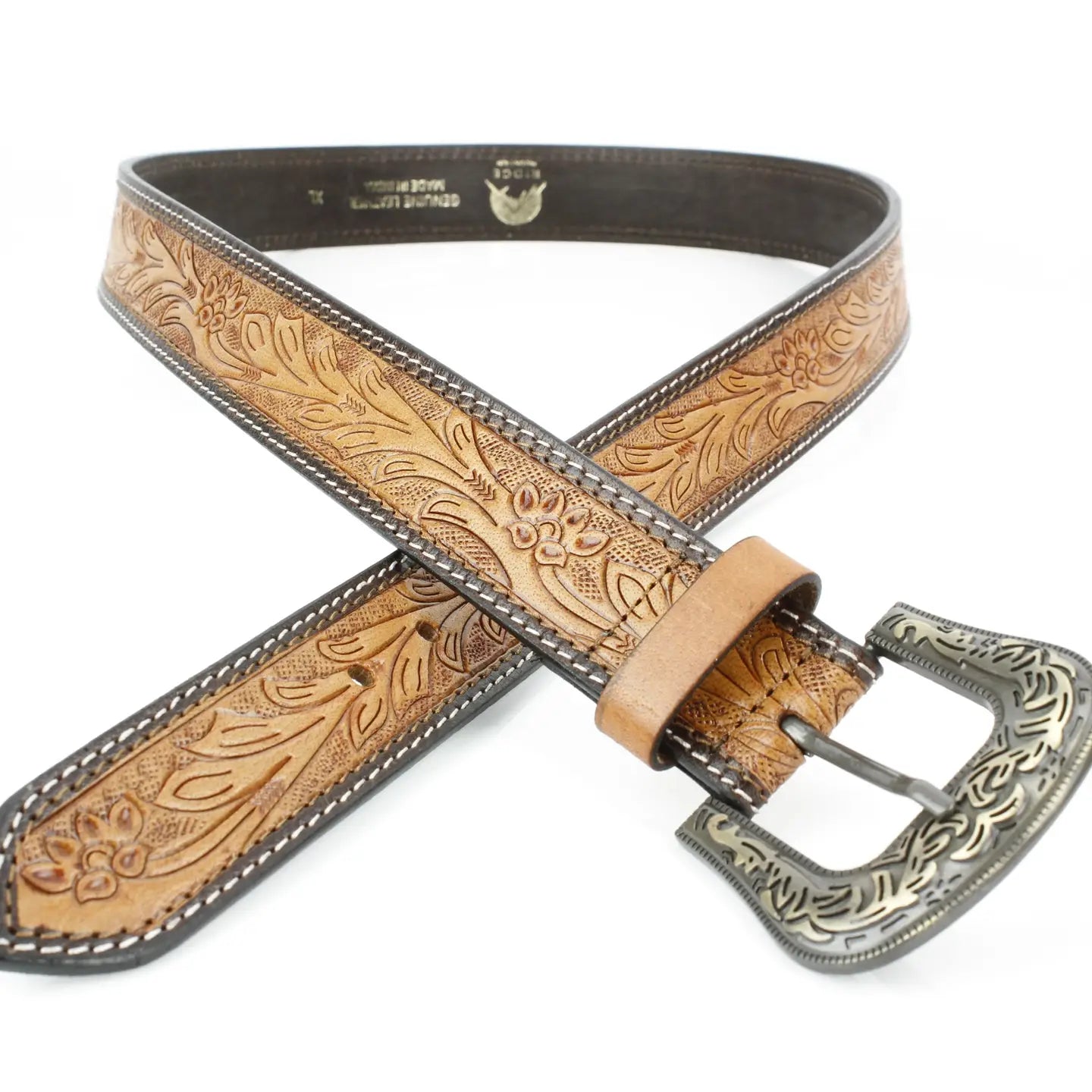 Tan Tooled Leather Floral Belt Unisex Western