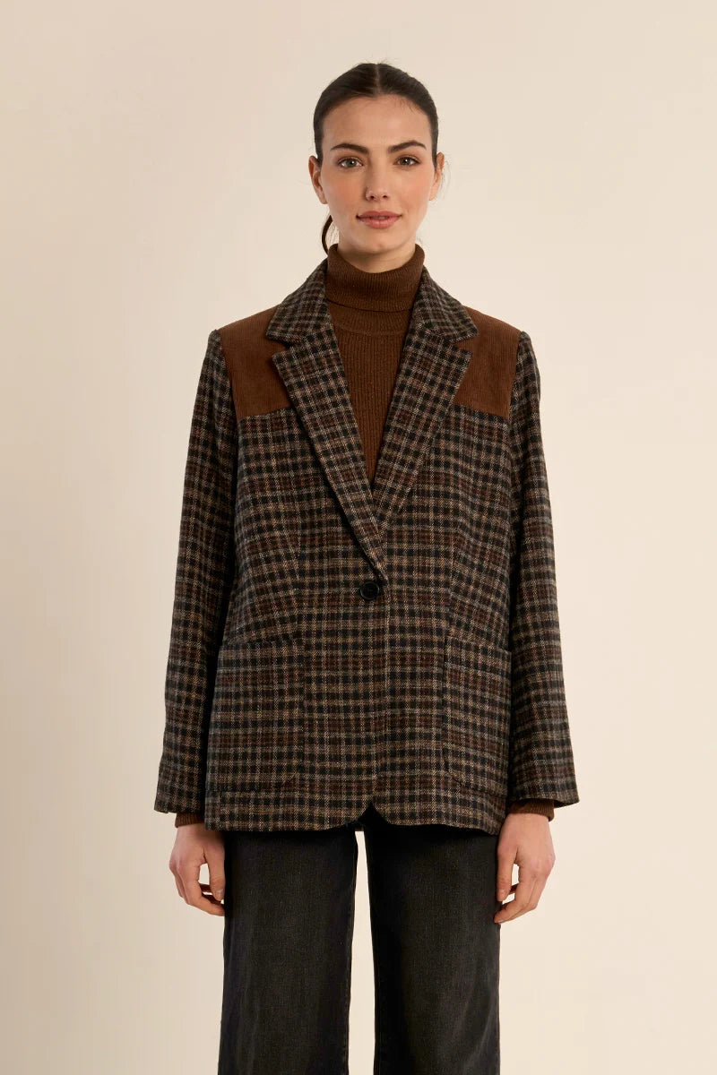 Bi-material plaid blazer