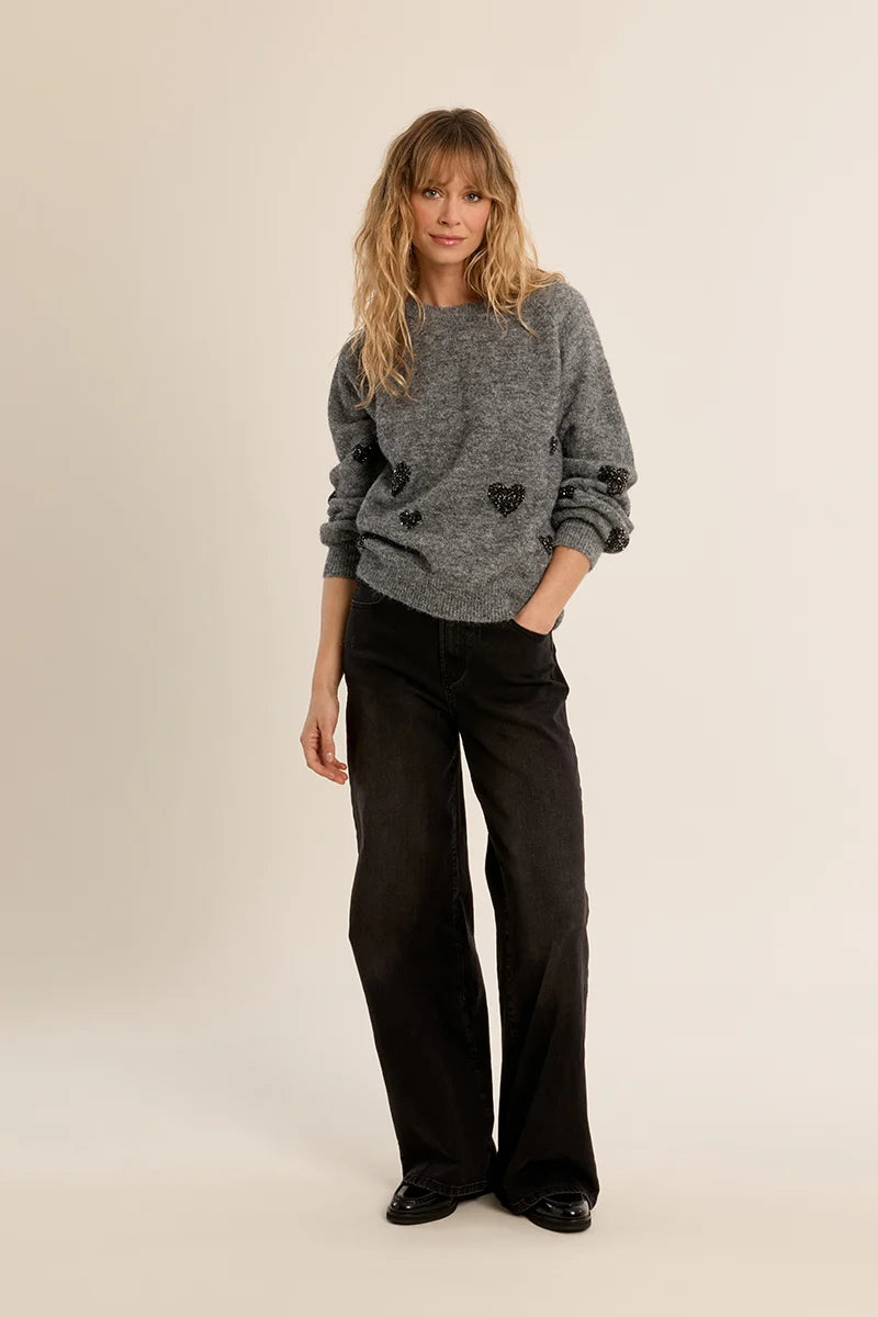 Heart pattern Baloon sleeve Sweater -  Dark Grey