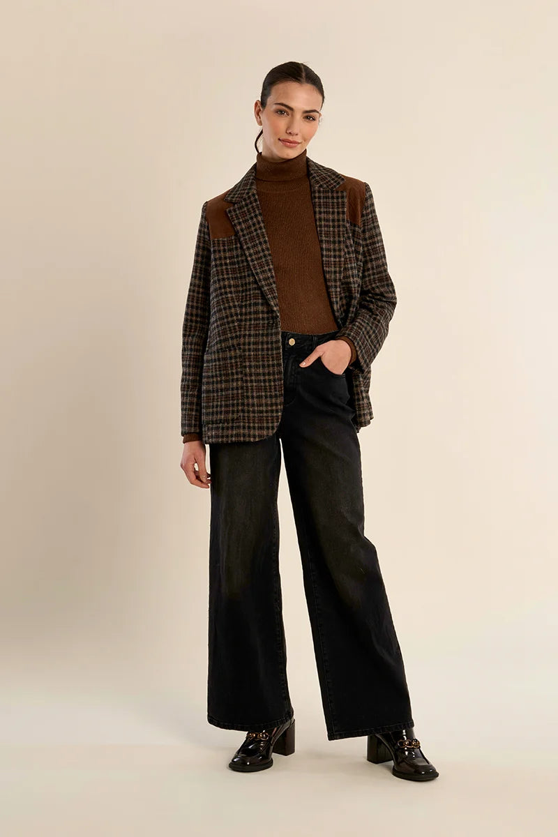 Bi-material plaid blazer