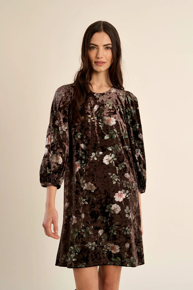 Velvet dress with balloon sleeves - Brown