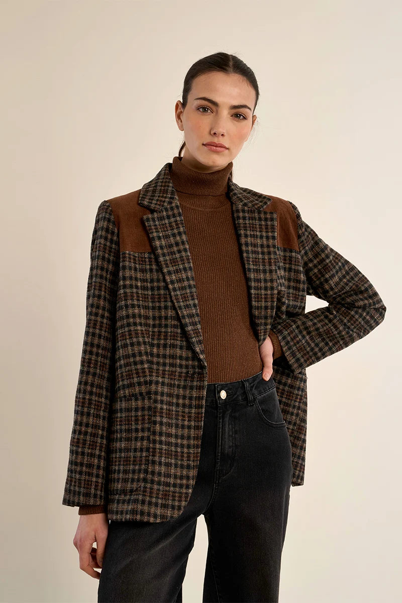 Bi-material plaid blazer