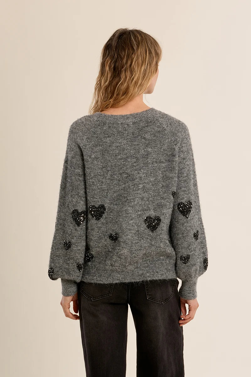Heart pattern Baloon sleeve Sweater -  Dark Grey