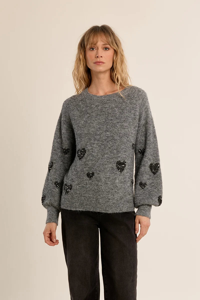 Heart pattern Baloon sleeve Sweater -  Dark Grey