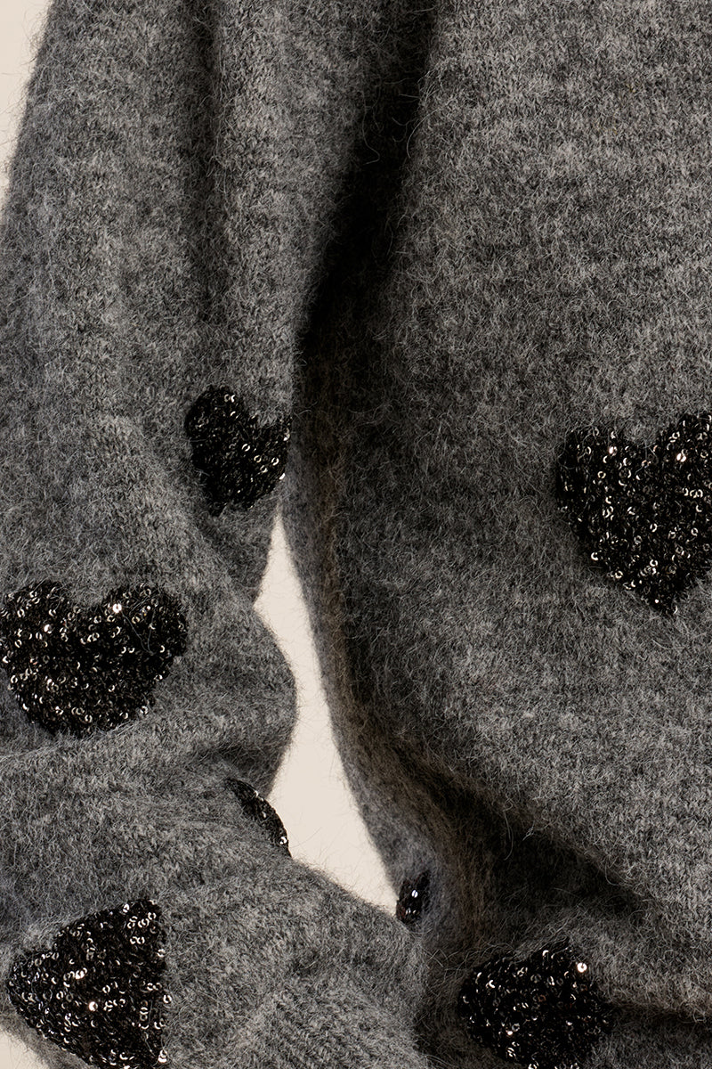 Heart pattern Baloon sleeve Sweater -  Dark Grey