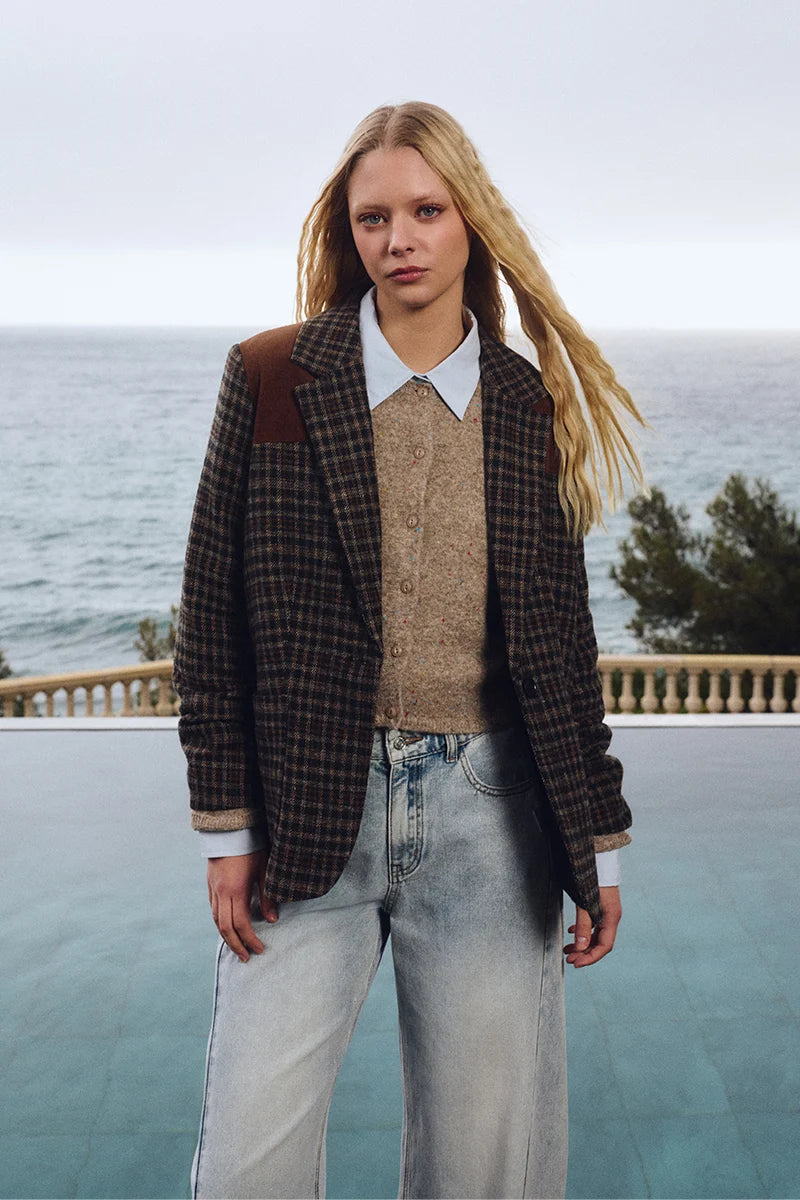 Bi-material plaid blazer