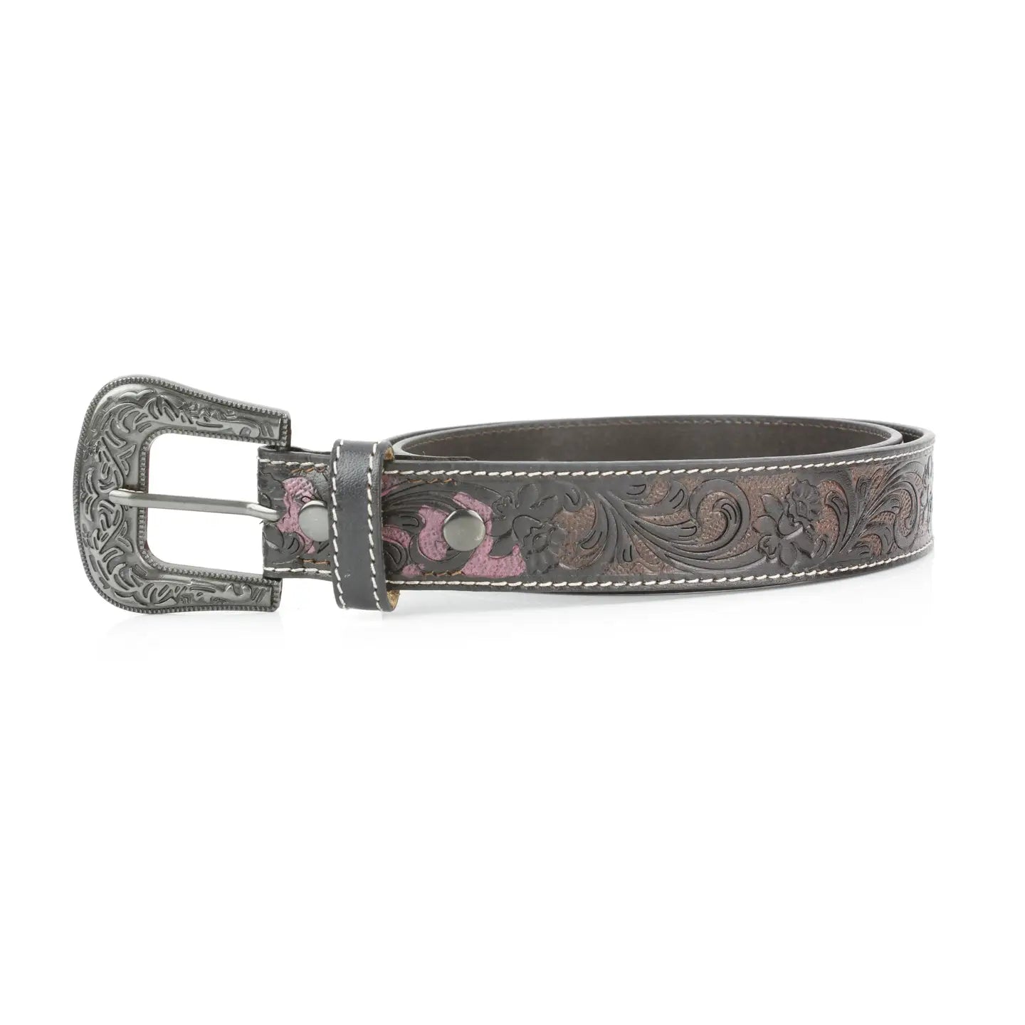 Chocolate Brown Leather Belt Floral Accent