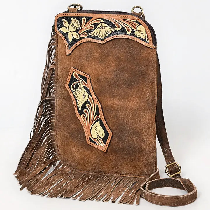 Hand Tooled Floral Carved Fringe Leather Chaps Bag (Small)
