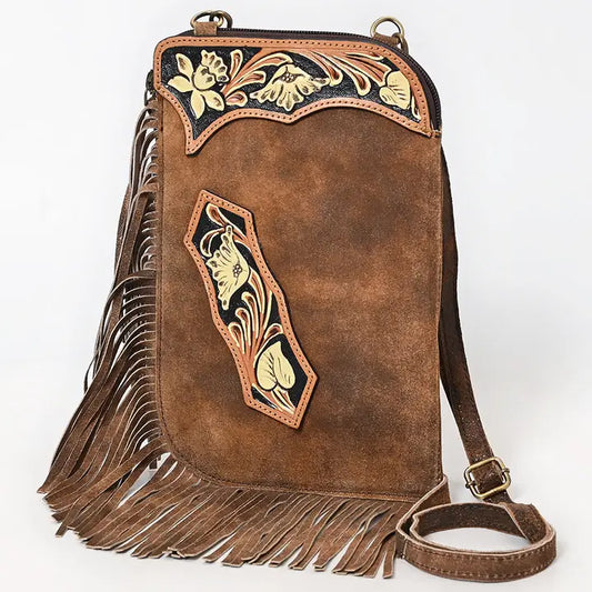 Hand Tooled Floral Carved Fringe Leather Chaps Bag (Small)