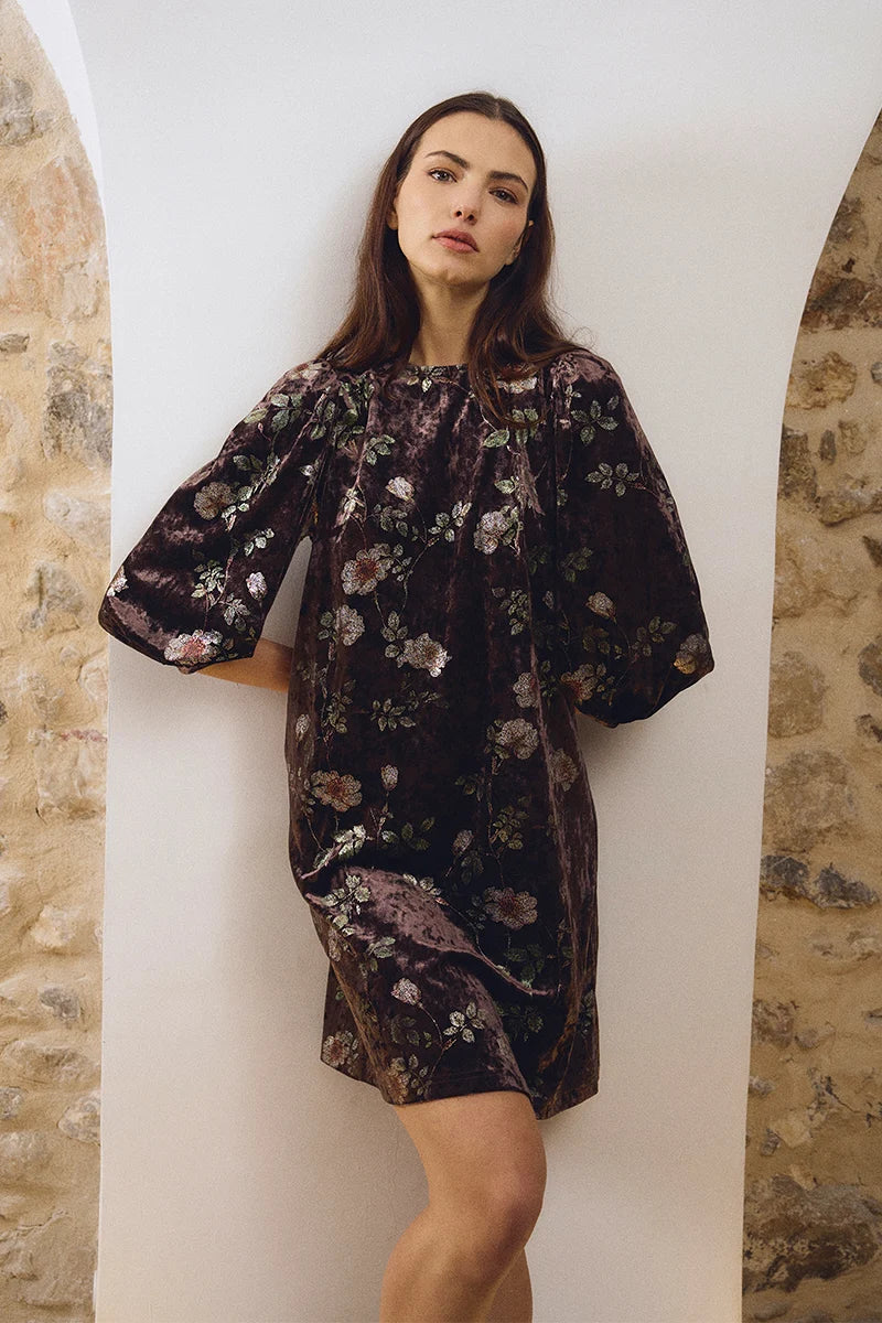 Velvet dress with balloon sleeves - Brown