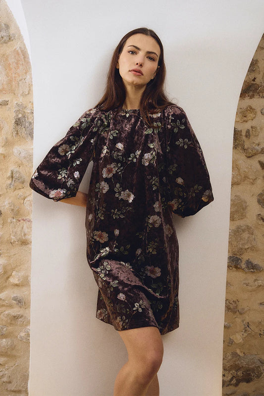 Velvet dress with balloon sleeves - Brown