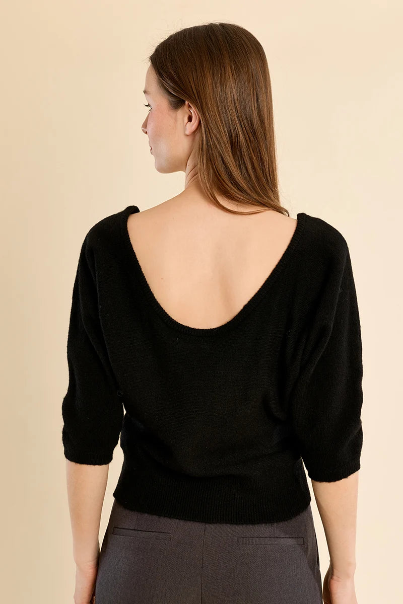 Sweater with three-quarter sleeves, open back