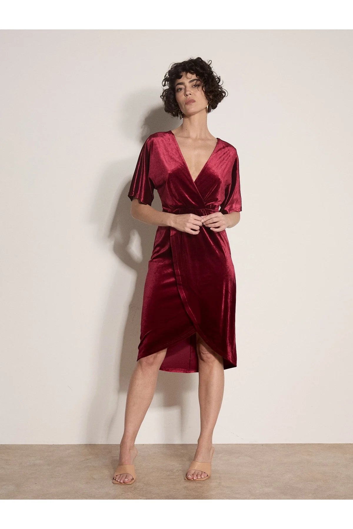 Batwing Sleeve Velvet Wrap Dress